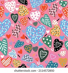 Digital illustration Pattern different hearts doodles on a pink background for a gift for the holiday poster postcard	