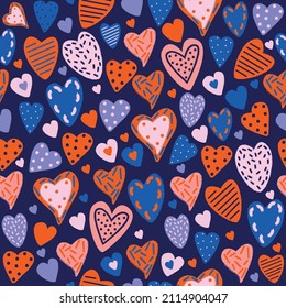 Digital illustration pattern hearts doodles multicolored on a blue background print for the holiday