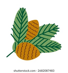 Digital illustration of a pine branch with two brown cones, isolated on white in flat vector style. Perfect for Christmas and New Year cards, holiday posters, invitations, and festive nature designs.
