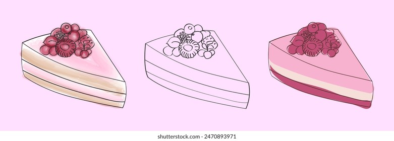 Eine digitale Illustration einer rosa Kuchenscheibe mit Himbeerbelag, in drei Variationen - Vollfarbe, Strichkunst und eine dunklere Farbvariante.