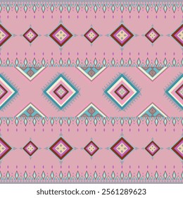 A digital illustration of a pink fabric with a repeating geometric pattern. The pattern consists of various-sized diamonds in shades of pink, blue, green, and red.