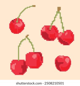 Ilustración digital con una Imagen pixelada de una cereza roja con subgrupos verdes sobre un fondo beige claro. Las cerezas se hacen en un estilo de bloque retro