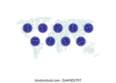 Digital Illustration of Pixelated World Map with Blue Clocks Showing Different Time Zones – Symbolizing Global Time
