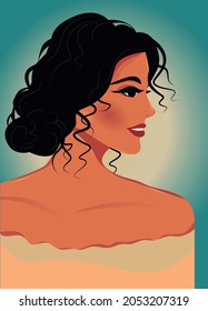 Digital illustration Portrait of a bright beautiful girl in profile face on a bright blue green background