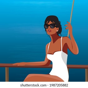 Digital illustration portrait of a girl in glasses and a bikini on vacation in the summer on a yacht cruise