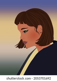 Digital illustration Portrait illustration profile of a girl with a bob hairstyle autumn paints