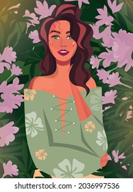 Digital illustration of a portrait version of the harmony of a happy girl in nature in flowers and leaves of greenery