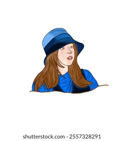 A digital illustration portraying a young woman dressed in blue clothes, featuring a fashionable hat and a serene expression, emphasizing an artistic and modern aesthetic with a touch of elegance.