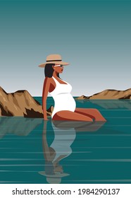 Digital illustration of a pregnant girl resting in the summer on vacation posing for a photo in a hat among the stones and swimming in the ocean sea