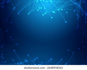 La ilustración digital presenta un fondo abstracto inspirado en la tecnología con nodos interconectados y líneas brillantes. El esquema de color degradado azul cambia de forma fluida, dinámica y futurista.