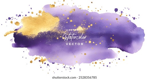 A digital illustration of a purple watercolor splatter with gold accents on a white background.