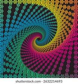 Digital illustration of rainbow hexagonal patterns forming dynamic spirals, creating the illusion of depth and movement in 3D