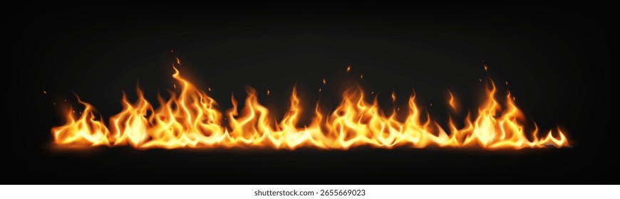 Digitale Illustration einer realistischen Flammenwand in leuchtendem Orange und Gelb auf schwarzem Hintergrund. Stellt Wärme und Energie dar. Ideal für Design-Konzepte, die Intensität erfordern.