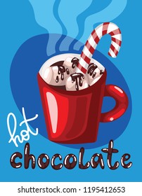 Digital Illustration of red mug of hot chocolate with marshmallow and New Year's Caramel Cane. Christmas drink for special mood