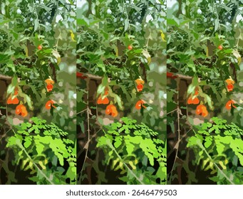 Digital illustration of a red pomegranate tree in a vectorized, artistic style. The image features clusters of red pomegranate blossoms and fruit among vivid green leaves, rendered with a painterly