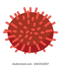 Digital illustration of a red virus with spike proteins isolated on a white backdrop