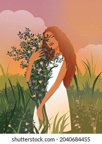 Digital illustration Red-haired girl spring autumn with a bouquet of wildflowers rejoices in the sun at sunset in nature