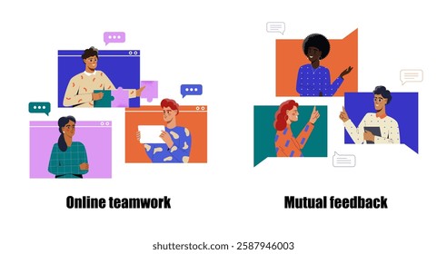 Digital illustration of remote teamwork and feedback, featuring diverse people collaborating through online windows and speech bubbles on a white background. Vector illustration