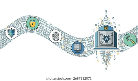 Digital illustration representing cybersecurity concepts including data protection, security icons, and a vault.