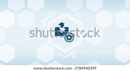 A digital illustration representing modular system integration or software development, featuring puzzle pieces being assembled with a gear icon, set against a blue hexagonal geometric background, symbolizing technical precision and connectivity.