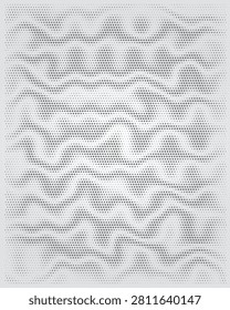 A digital illustration of a rhythmic grey halftone wave pattern composed of dots on a light background for modern graphic design.