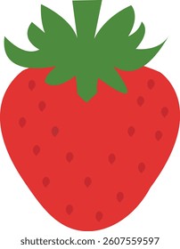 A digital illustration of a ripe strawberry with a vibrant red color, dotted with small yellow seeds. The strawberry features a fresh green leafy crown on top and a subtle highlight that enhances its 