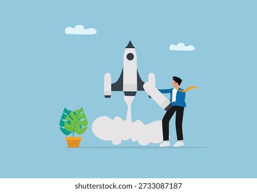 Digital Illustration of Rocket Launch, Innovation, Ambition, Startup Growth, Business Success, and New Project Development Concept for Modern Technology and Creative Entrepreneurship