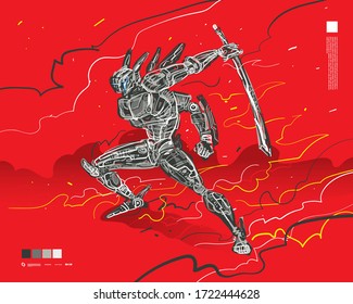 Digital illustration of rough sketch of various human form robot cyborg line drawing. Vector art