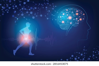 Digital illustration of a runner with a glowing brain, neural network and heartbeat waveform, representing neuroscience, cognitive performance, brain health, fitness and AI technology.