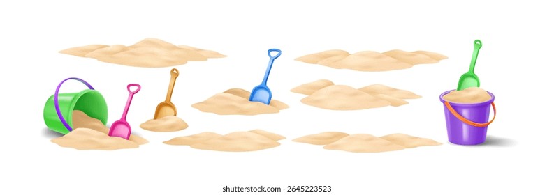 Digital illustration of sand with vibrant buckets and shovels in assorted colors. Perfect for summer and beachthemed designs. Simplistic cartoon style for playful projects.