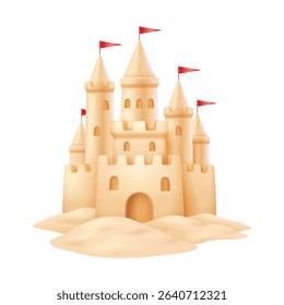 Digital illustration of a sandcastle adorned with red flags. Featuring realistic textures, it captures playful summer vibes. Isolated on a white background.