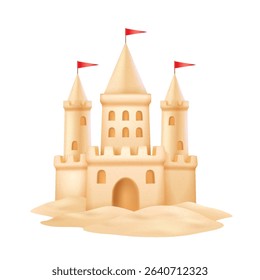 Digital illustration of a sandcastle featuring red flags. Created in warm beige tones against a white backdrop. Ideal for beach themes and summer fun designs.