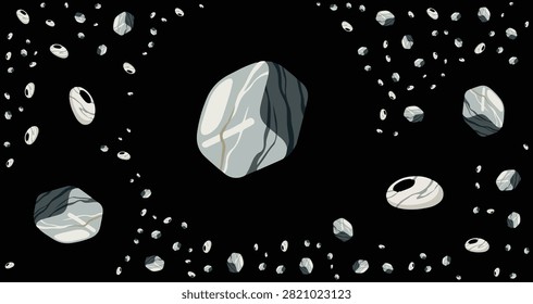digital illustration of a seamless asteroid belt featuring multiple gray rocky asteroids floating in space against a solid black background