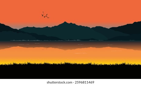 A digital illustration of a serene landscape featuring a sunset over a body of water and a range of mountains 