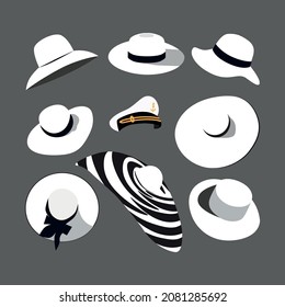 Digital illustration set of beautiful stylish white beach and leisure hats for women and men