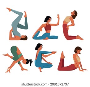Digital illustration set of a girl doing yoga in various poses