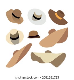 Digital illustration of a set of hats for men and women on the beach in summer