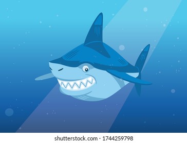 Digital illustration of a shark swimming in the sea. Cartoon style, character design.