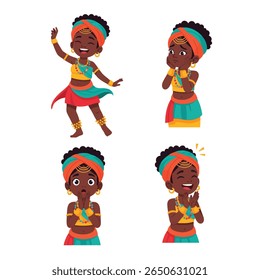 A digital illustration showcases four different poses of a young Black girl in vibrant traditional African attire.  She displays various expressions, from jo...