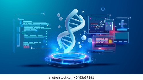 Digital illustration showcases a glowing DNA strand surrounded by dynamic data streams, symbolizing cutting-edge technology in genetic research and bioinformatics. Vector