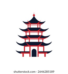 A digital illustration showcases a pagoda featuring five tiers, rendered in stark black and vibrant red, set against a clean white background, minimalist design.