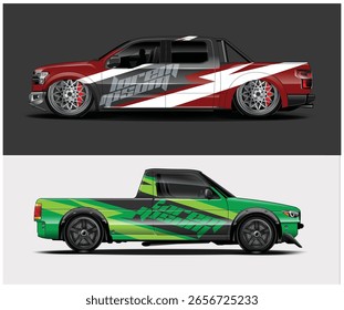 Uma ilustração digital mostra duas caminhonetes, cada uma com um esquema de cores distinto e um envoltório gráfico personalizado.