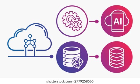 Digital illustration showcasing AI, cloud computing, data storage, and database concepts with interconnected icons and vibrant colors.