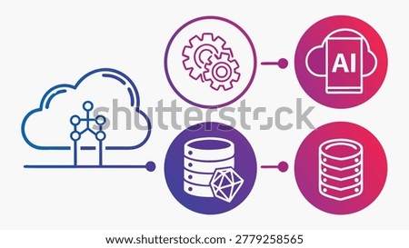 Digital illustration showcasing AI, cloud computing, data storage, and database concepts with interconnected icons and vibrant colors.