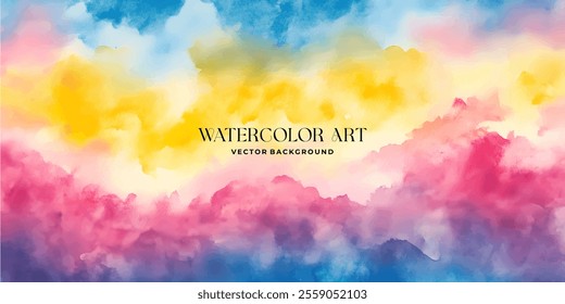 A digital illustration showcasing a dreamy pastel watercolor cloudscape with shades of blue, pink, yellow, and purple.