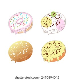 A digital illustration showcasing four glazed doughnuts with various toppings. Each donut is presented individually against a white background. The donuts have a variety of toppings