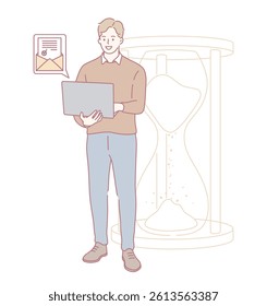 A digital illustration showcasing a man working with a laptop and an hourglass, symbolizing productivity.