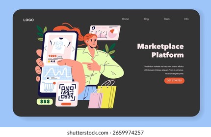 Digitale Illustration, die eine Person zeigt, die mit einem Smartphone auf einer Marktplatzplattform einkauft. Mit Einkaufstaschen, QR-Code, Grafiken und Produktinformationen, die die Dynamik des Online-Handels hervorheben.