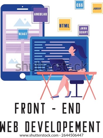 Digital illustration showcasing a person working on front end web development with various programming tools.