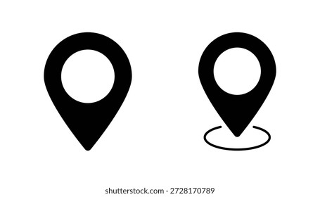 A digital illustration showcasing two minimalist black map pin icons on a clean white background. The first icon is a classic solid black teardrop shape with a prominent white circle at its center, universally recognized as a location marker. The second icon is similar but includes a subtle black circular outline at its base, emphasizing a marked spot or specific geographical point. These vector-based graphics are ideal for web, mobile applications, or print designs related to mapping, navigation, GPS, geotagging, or finding places.